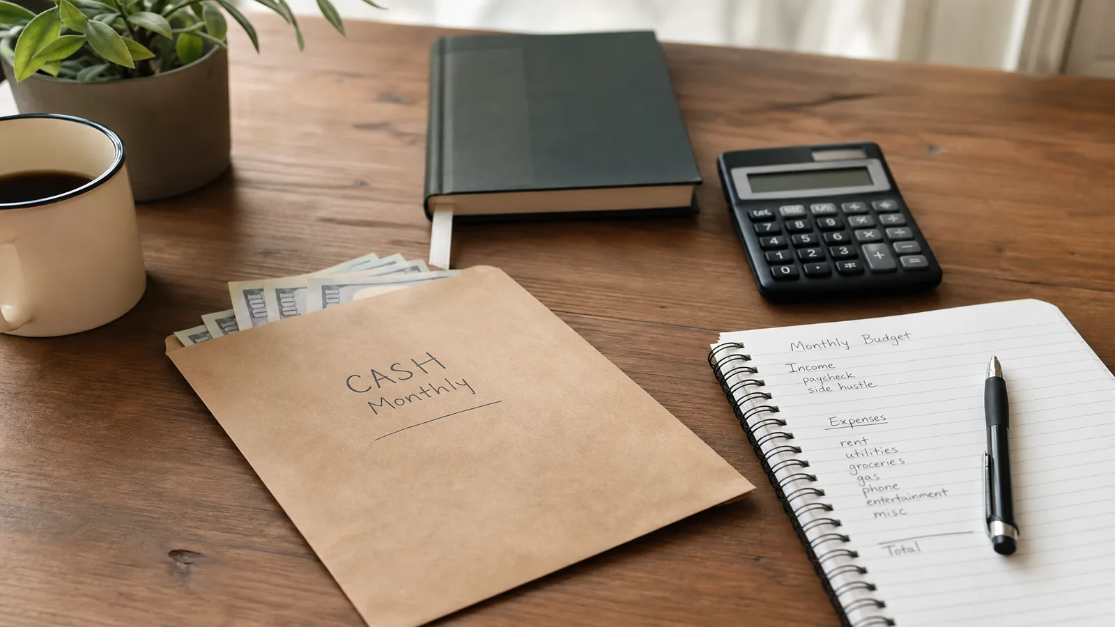 Enveloppe, calculatrice et notes sur un bureau